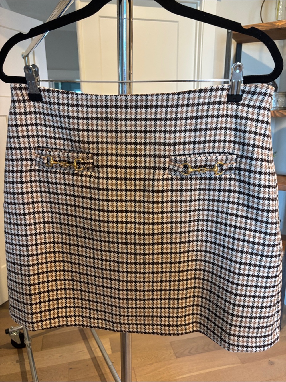 LOFT Houndstooth Mini Skirt in Brown, Black, White with Gold Hardware